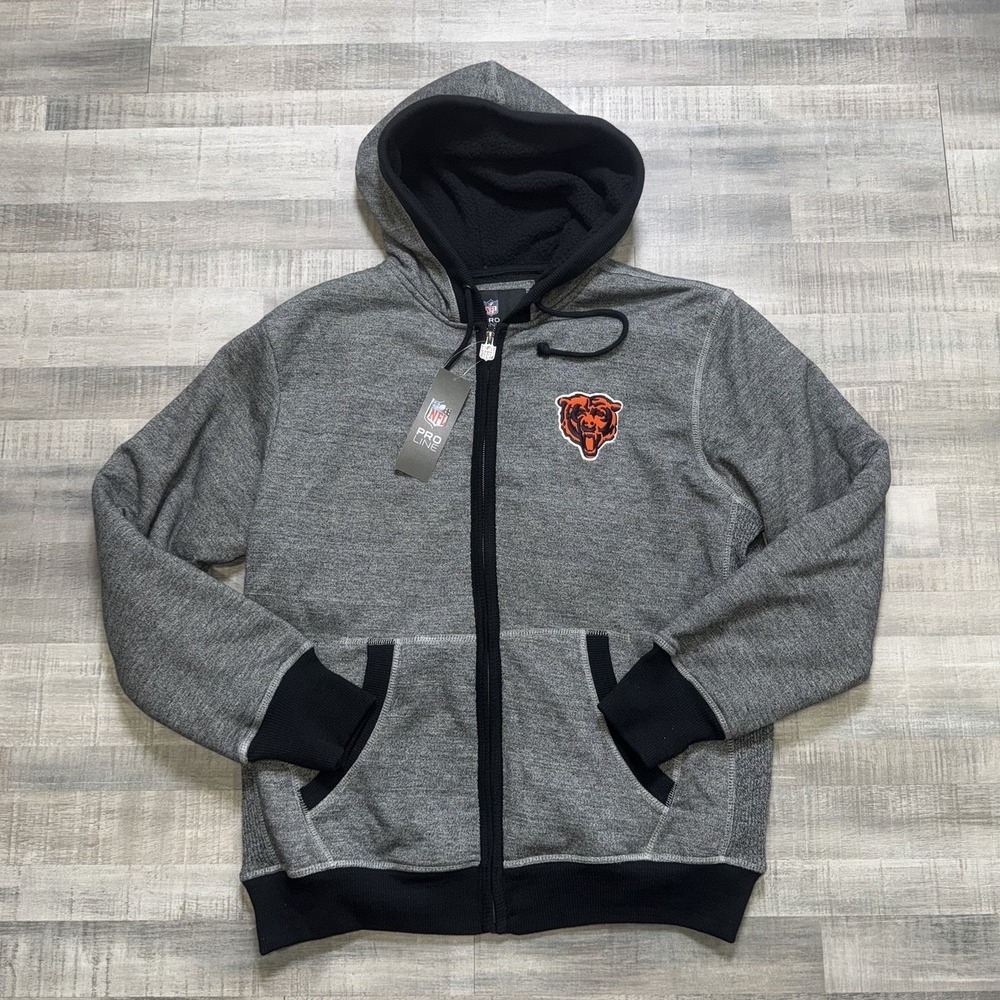 NFL Pro Line Chicago Bears Full Zip Hooded Jacket Grey Orange Size L Fleece Line